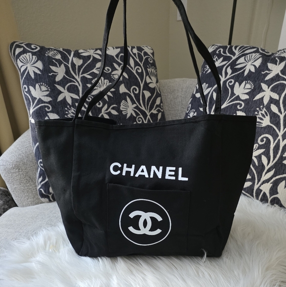 Black Canvas Tote with White Logo - Picture 1 of 8